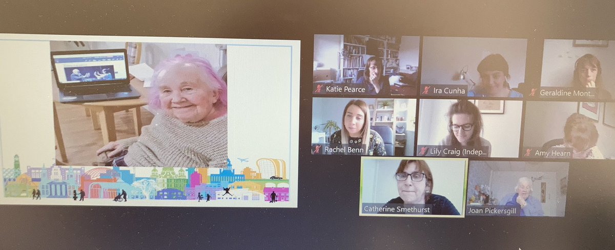 _nickytaylor's tweet image. Listening to the @LeedsAHWN and 100% Digital Leeds webinar on digital inclusion in care homes. Joan speaking with such pride about her #ReasonsToBeHopeful flag now being on display on the front of @LeedsPlayhouse @maggie_deru