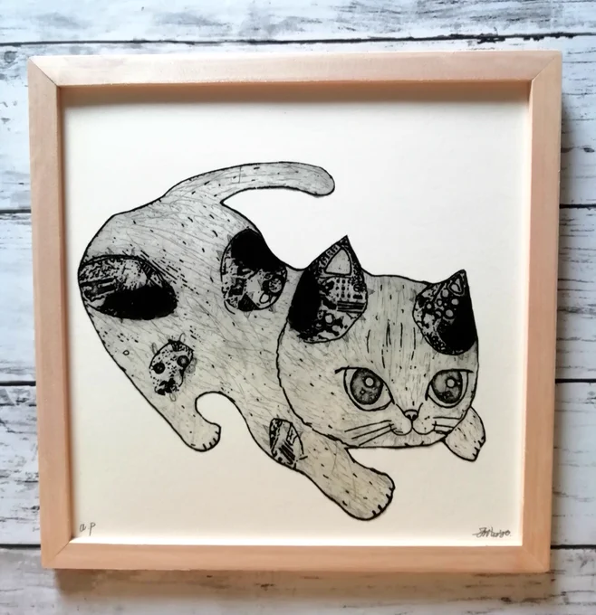 依頼者優先作品3 猫の額付き銅版画　回想ニャンコ 手作額付き銅版画 title「回想ニャンコ」 依頼者優先作品3 猫の