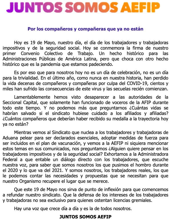 🗓 #19deMayo  POR LOS COMPAÑEROS Y COMPAÑERAS QUE YA NO ESTÁN
Que este 19 de Mayo nos sirva de punto de inflexión para que comencemos a refundar nuestro sindicato.  

Hay una voz que crece día a día y es la de todos nosotros. 

JUNTOS SOMOS AEFIP.