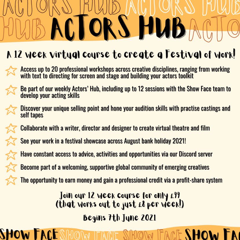 Applications for our new 12 week virtual course are open! 

Learn how to create work across creative disciplines, attend workshops from industry professionals and collaborate on a brand new virtual festival 🎪

Deadline: 1st June ⭐️

For more information👇
showfacefestival.co.uk/virtual-course