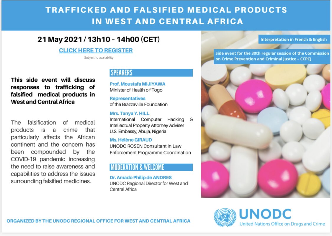 📢We need to raise awareness and capabilities to address the issues surrounding #falsifiedmedicines 💊 in west and central #Africa 🌍! 

🗓️Join us on 21 May, 13h10 CET 

<a href="/CCPCJ/">CCPCJ</a> Virtual Side-Event Registration➡️ bit.ly/3byqswb