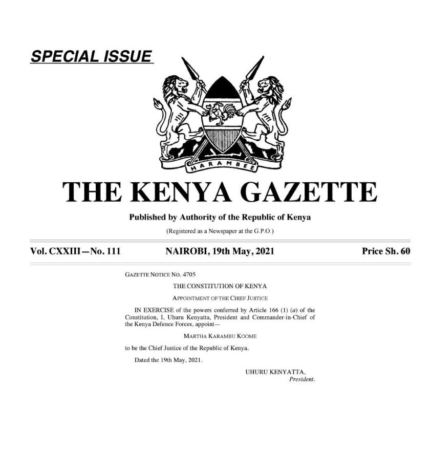 Martha Koome appointed as Chief Justice by President Uhuru Kenyatta! Kazi sasa