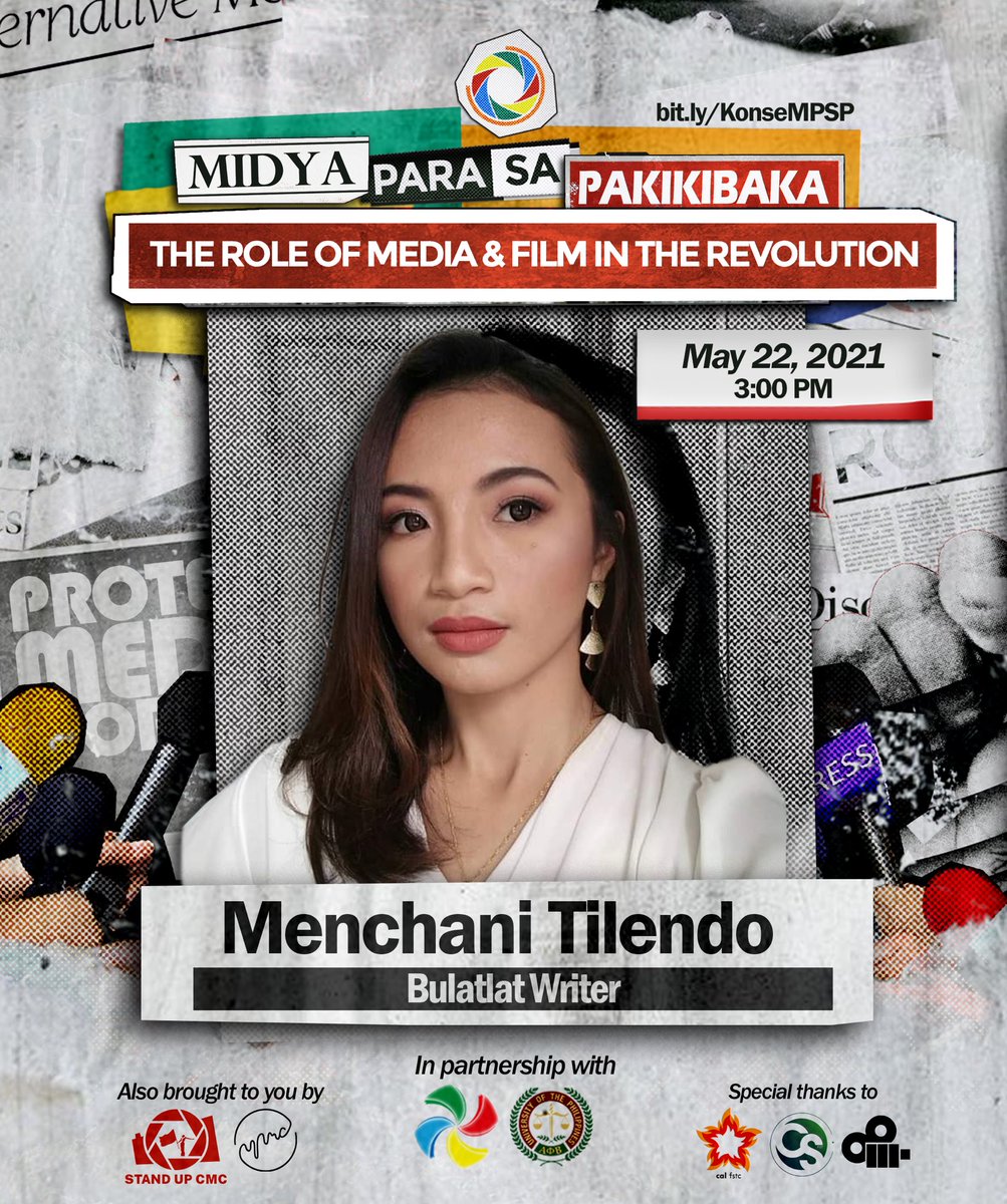 UPCMCFSTKonse's tweet photo. MAKISAMA SA MALAYANG TALAKAYAN!

Ipinakikilala namin ang unang tatlong tagapagsalita para sa gaganaping Roundtable Discussion sa ika-22 ng Mayo, ganap na alas tres ng hapon. Kasama sa Roundtable Discussion: The Role of Media and Film in the Revolution.

#MidyaParaSaPakikibaka https://t.co/M0sj6uH4L9