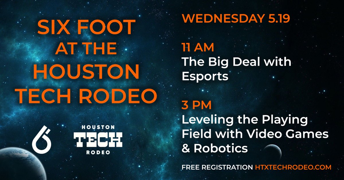 Six Foot (@sixfootllc) on Twitter photo Join us today in our Houston Tech Rodeo panels, featuring our Executive Creative Director <a href="/TonyMedrano/">Tony Medrano</a> discussing eSports and our CMO <a href="/delgadoman/">Manuel Delgado</a> talking about Diversity and Inclusion in video games.
For more info and to register for FREE, visit htxtechrodeo.com Join us today in our Houston Tech Rodeo panels, featuring our Executive Creative Director <a href="/TonyMedrano/">Tony Medrano</a> discussing eSports and our CMO <a href="/delgadoman/">Manuel Delgado</a> talking about Diversity and Inclusion in video games.
For more info and to register for FREE, visit htxtechrodeo.com