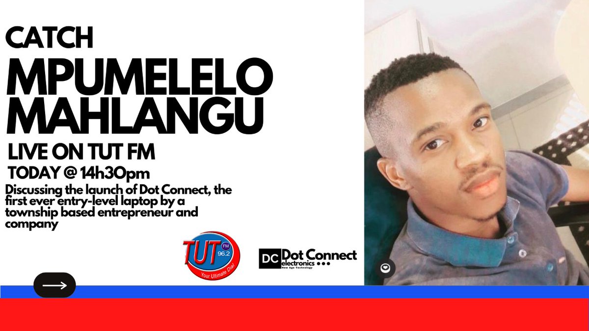DotConnectRSA's tweet photo. Catch our CEO and founder Mpumelelo Blessing Mahlangu on @TUTFM at 14h30 - 14h40pm discussing the launch of #DotConnect, the first ever entry-level laptop by a township-based entrepreneur and company. 

#DJSBU #entrepreneurs #SMEs 

Stream interview here https://t.co/yh7xzbz9be https://t.co/biPNOCZ2kz