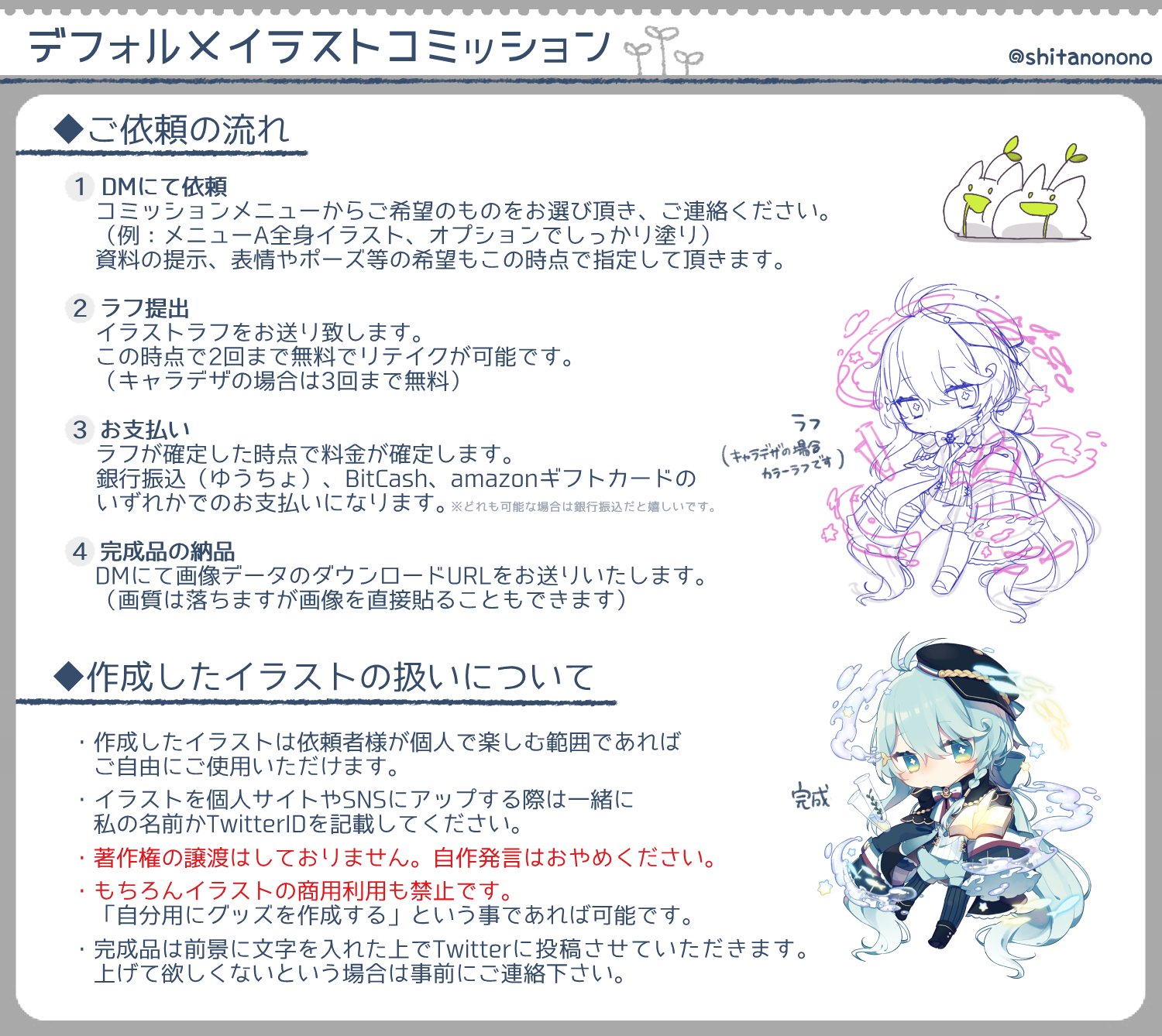 したのの デフォルメイラストコミッション デフォルメオンリーのイラストコミッションです フォロー外からの依頼も受け付けております 依頼の際はコミッションシート 及びリプライに繋がっている追記をよくご確認ください 受付状況は本