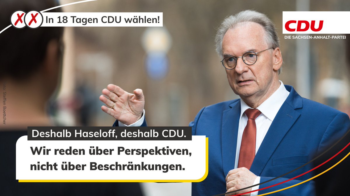 Mit der CDU Sachsen-Anhalt in die Zukunft starten, denn wir bieten Perspektiven!
Und das schon in 1️⃣8️⃣ Tagen bei der Landtagswahl!
👉🏻 cdulsa.de/sites/www.cdul…

#UnsereHeimatUnsereVerantwortung