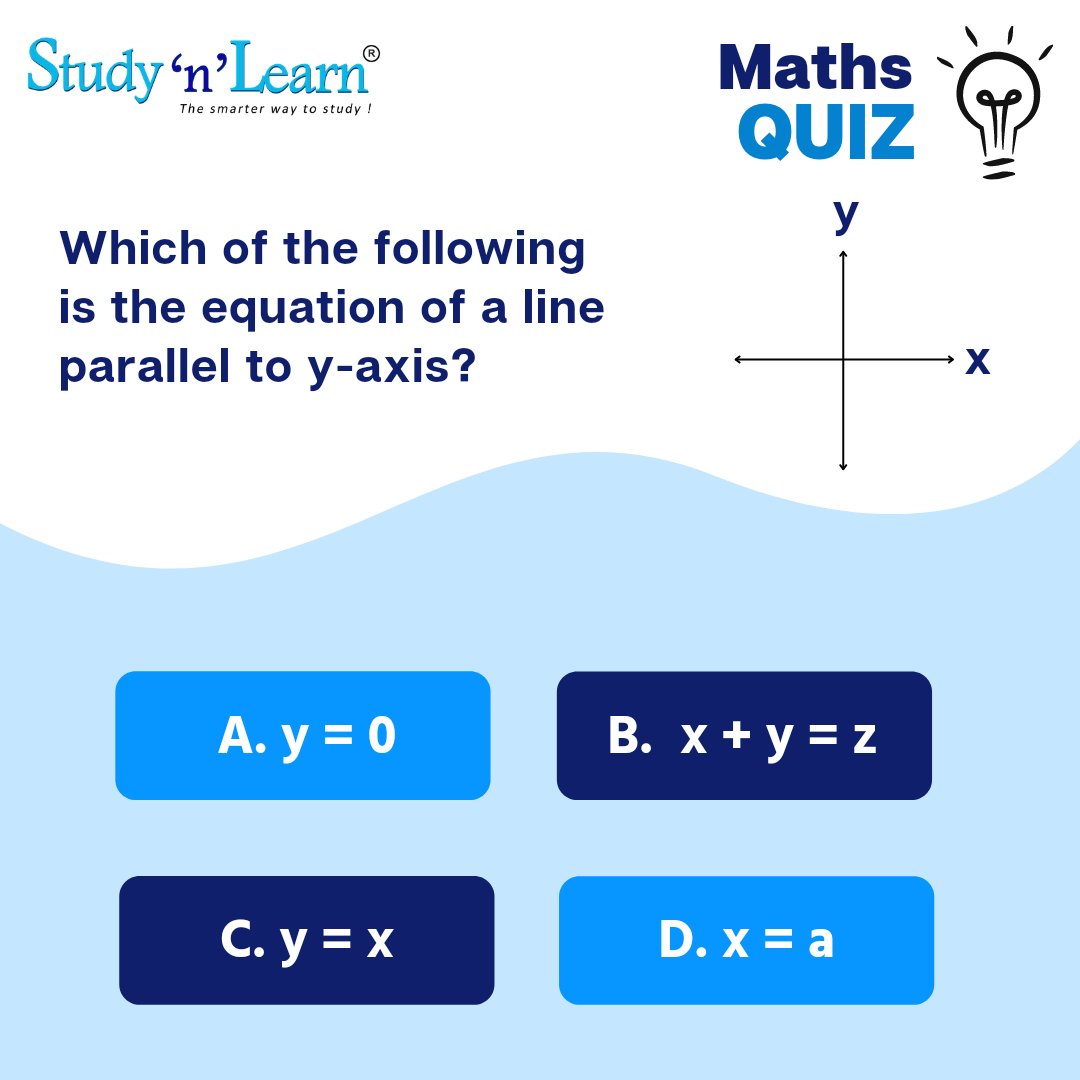 SmartSchoolinfo's tweet image. Choose the right option and comment below! 

Which of the following is the equation of a line parallel to y axis?

(a) y = 0
(b) × + y = z
(c) y = x
(d) x = a

#mathematics #mathslesson #mathslessons #mathsquiz #mathslover #mathstricks #mathsteacher #maths #mathsexam #studynlearn