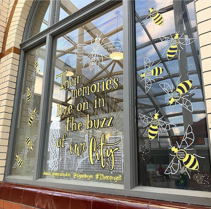 A new memorial has been created in a window at Manchester Victoria Station to commemorate the 4th anniversary of the Manchester Arena Attack. If you're passing this weekend, take a moment to read their names and remember them. Their memories live on in the buzz of our city. ❤️🐝