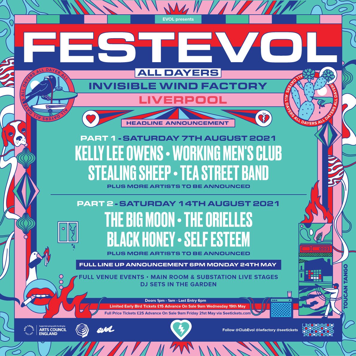 #FestEvol2021 <a href="/iwfactory/">Invisible Wind Factory</a> alldayer pre-sale tickets <a href="/seetickets/">See Tickets</a> at 9AM but be quick 👇

Aug 7: <a href="/kellyleeowens/">Kelly Lee Owens</a>, @work1ngmensclub, <a href="/stealingsheep/">Stealing Sheep</a>, <a href="/TeaStreetBand/">The Tea Street Band</a>: 🎟 bit.ly/FestEvolPtOnePS

Aug 14: <a href="/thebigmoon/">The Big Moon</a>, <a href="/TheOrielles/">The Orielles</a>, <a href="/BLACKHONEYUK/">Black Honey</a>, <a href="/SELFESTEEM___/">Self Esteem</a>
🎟 bit.ly/FestEvolPtTwoPS