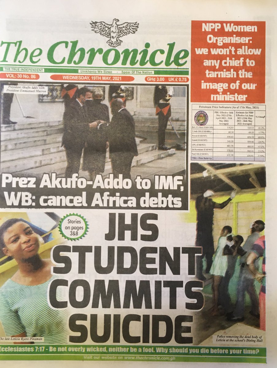 Chronicle: 

🌕 Prez Akufo-Addo to IMF, WB: Cancel Africa debts 

🌕 JHS student commits suicide 

#MorningStarr #GHToday