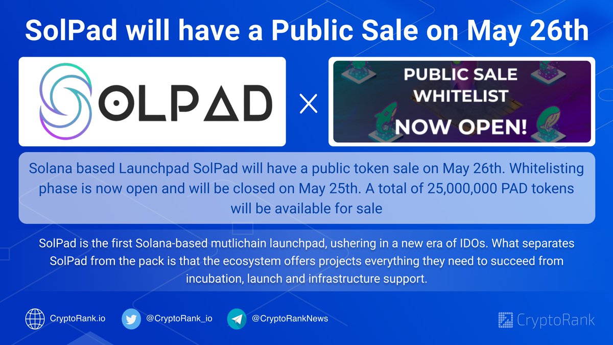CryptoRank_io's tweet photo. ℹ️@FinanceSolpad will have a public token sale on May 26th. Whitelisting phase is now open and will be closed on May 25th. A total of 25,000,000 $PAD tokens will be available for sale.

👉https://t.co/NmdGPAIdGq https://t.co/S0Azm0j2Z2
