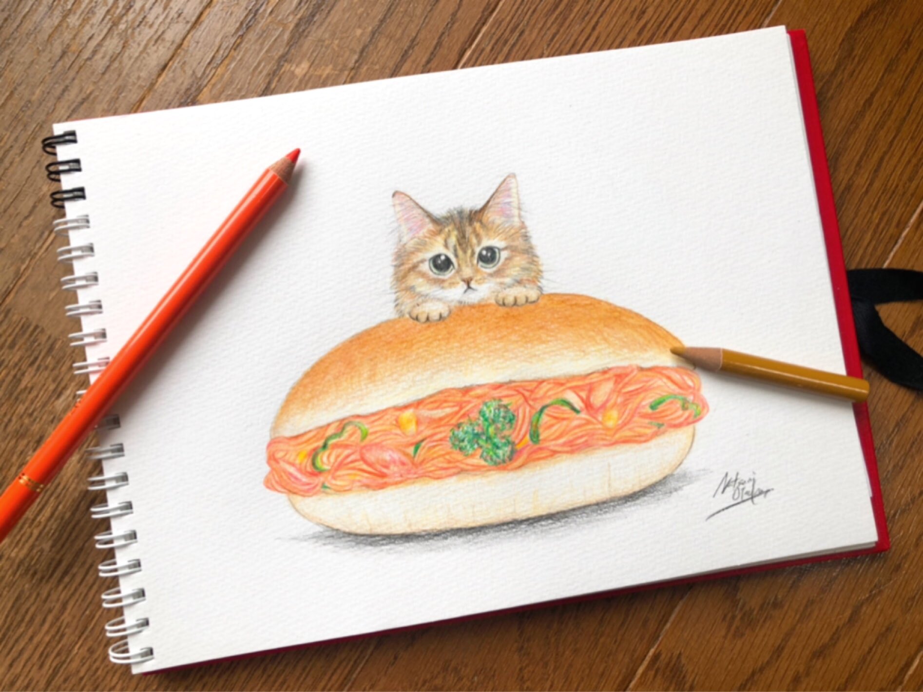 Natsumi Otsuka みなさんこんにちは 本日は猫フードイラストです 猫ちゃん ナポリタンパンを描いてみましたー ひとまずコッペパンシリーズは終了しようかしら 猫 猫イラスト 猫スウィーツ 猫好き 猫フード イラスト 色鉛筆イラスト