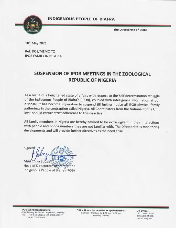 MaziEmmaOgbonna's tweet photo. This Message Is Coming From The Head Of IPOB DOS @cedoziemm. Holding Any Kind Of #IPOB Family Meetings In Biafraland/ZOO Is Here By Suspended Till Further Notice By Mazi Chika Edoziem.

We Are In State Of War!

#BiafraExit #Owerri

@MaziNnamdiKanu @Amaka_Ekwo @UltimateViewers https://t.co/ZaGuGMIOKG