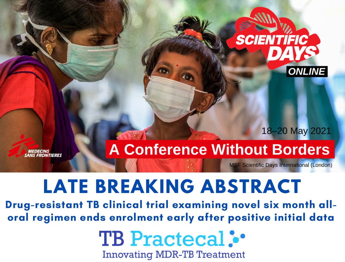 MSFsci's tweet photo. Want to know more about TB-#PRACTECAL? Join the #MSFsci session on #HIV and #TB at 11:20 UTC where we'll be sharing more information about the #MDRTB clinical trial and decision to stop enrolling patients early.
Register for Day 2 of @MSF Scientific Days: https://t.co/6MfaHGFSGB https://t.co/iBx1OVQJaP