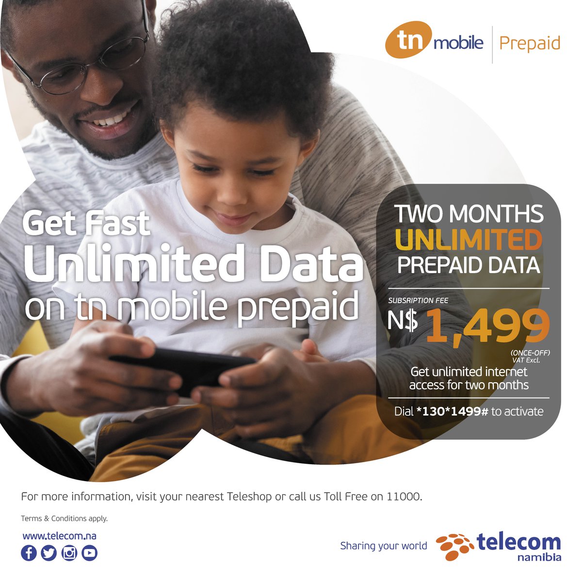 TelecomNamibia's tweet image. Get unlimited internet access for two months on tn mobile. 
 
To subscribe, dial *130*1499#. 
 
For more information, visit your nearest Teleshop or call us Toll Free on 11000. T&amp;amp;Cs Apply.
#telecomnamibia