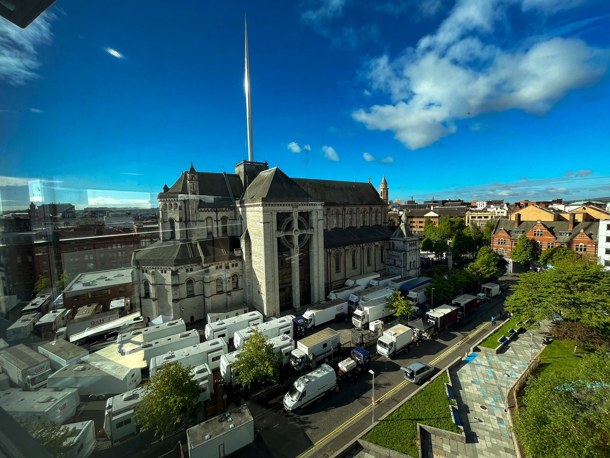 Incredible. This is what big budget film making looks like! 35+ film trucks parked outside St. Anne’s in Belfast today, shining brightly in the sun. <a href="/netflix/">Netflix</a> have arrived next door! #SchoolForGoodandEvil <a href="/UUScreen/">The Ulster Screen Academy</a>