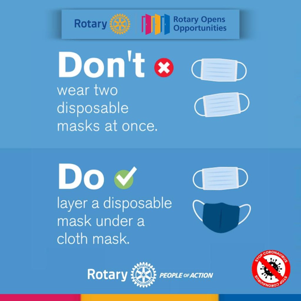 Wearing two masks while you step out of your home, adds extra protection and safety against infection of Covid. It is advisable to be a bit more cautious in these times to protect yourself and your loved ones.
#rotaryinternational 
#RotaryOpensOpportunities 
#PeopleOfAction