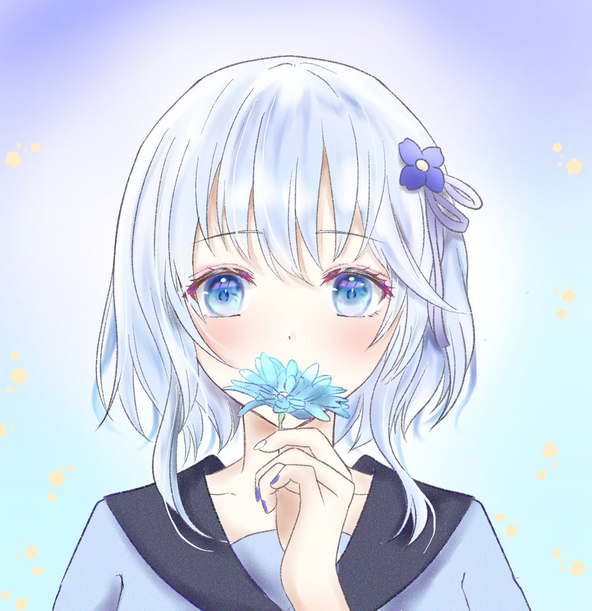 1girl flower solo blue eyes holding flower hair ornament holding  illustration images