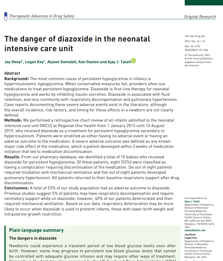 TADrugSafety's tweet photo. Do not miss our latest original research article 📖by Desai J. et al. @uthsc highlighting the risk of respiratory deterioration and other severe #adverseevents  following the use of #diazoxide in #preterminfants.

Full article available at: https://t.co/ezLKCfhZkK🔓

#drugsafety https://t.co/dOEJET0nCG
