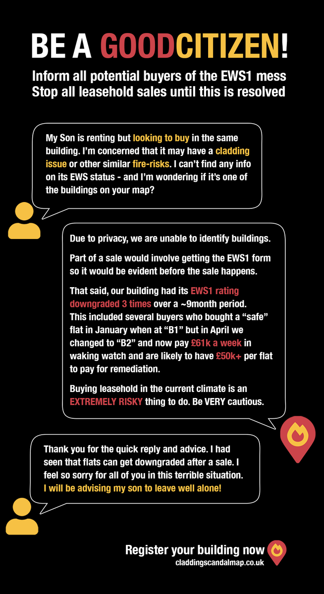 We want to encourage a campaign of being a #GoodCitizen : raise #CladdingScandal awareness &amp; do our best to stop leasehold sales until EWS1 mess is resolved .<a href="/mhclg/">Ministry of Housing, Communities & Local Gov</a> 

We often get emails such as below &amp; do our part. 
Join this movement - DM your stories!
#EndOurCladdingScandal