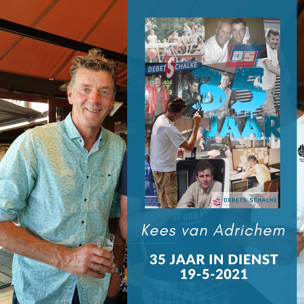Vandaag, 19 mei 1986, is het alweer 35 jaar geleden dat Kees van Adrichem bij Debets Schalke in dienst trad. 🥳Kees, we kunnen er helaas geen groot feest van maken, maar de waardering is er niet minder om! Dankjewel! Gefeliciteerd Kees met je 35 jarig werkjubileum!