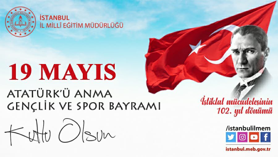 19 Mayıs 1919. Mustafa Kemal Atatürk ve silah arkadaşlarının, milli mücadelemizi başlattığı gurur günümüz. Bugün de ümidimiz olan gençlerimizle, güzel ülkemizin geleceğine azim ve kararlılıkla yürüyoruz. 
Atatürk’ü Anma, Gençlik ve Spor Bayramımız kutlu olsun.