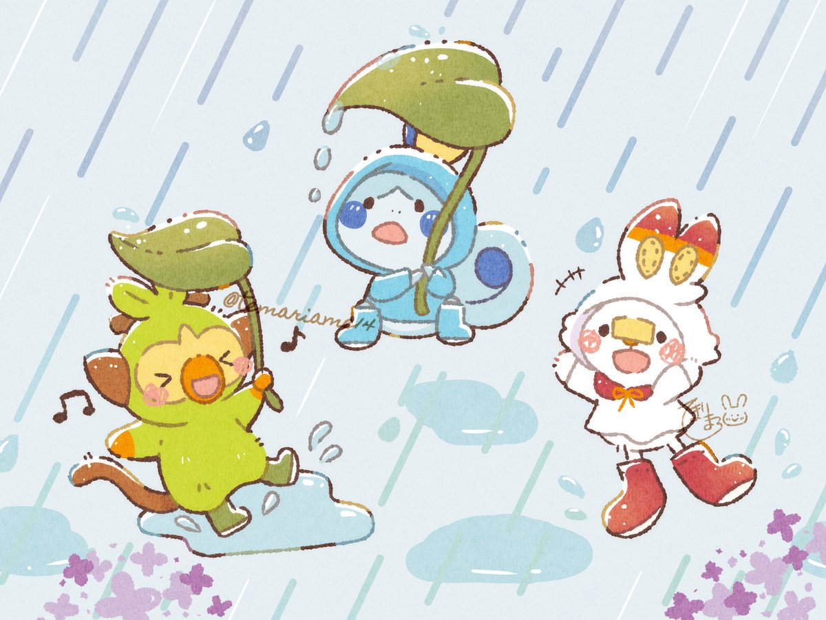 サルノリ ,メッソン 「雨の日のガラル御三家ちゃん☔✨ 」|てまりまろのイラスト