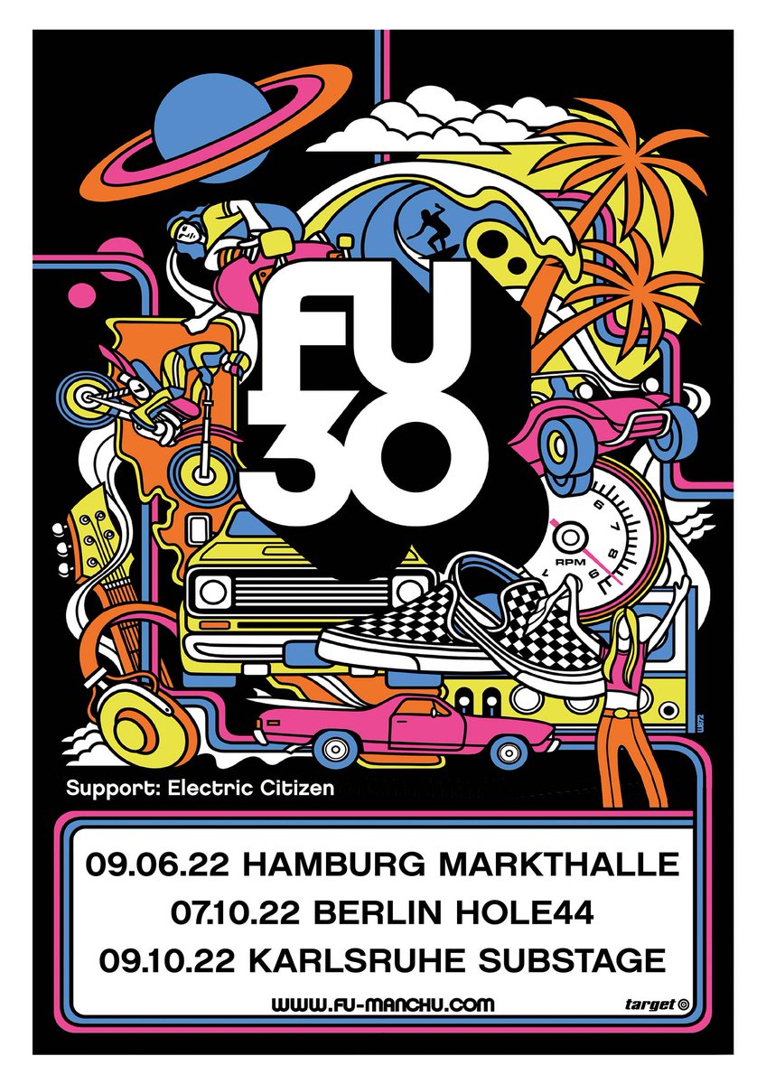 Die Tourdaten von <a href="/fumanchuband/">Fu Manchu</a> müssen ebenfalls nach 2022 verschoben werden, alle Tickets behalten aber natürlich ihre Gültigkeit! Hier die neuen Termine:
09.06.22 - Markthalle Hamburg
07.10.22 - Hole 44 Berlin
09.10.22 - Substage Karlsruhe