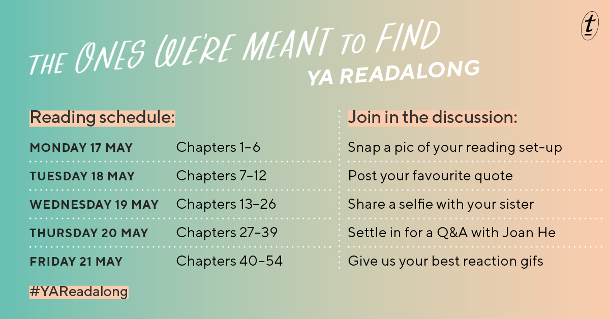 textpubYA's tweet photo. Hello fellow @joanhewrites fans! It's Day 3 of our #YAReadalong which means we’re officially halfway there! We hope you are having fun talking with us about the amazing The Ones We’re Meant to Find (and that you are loving the book!) Tonight, we’re reading Chapters 13-26! #towmtf https://t.co/9EOp2N9iD4