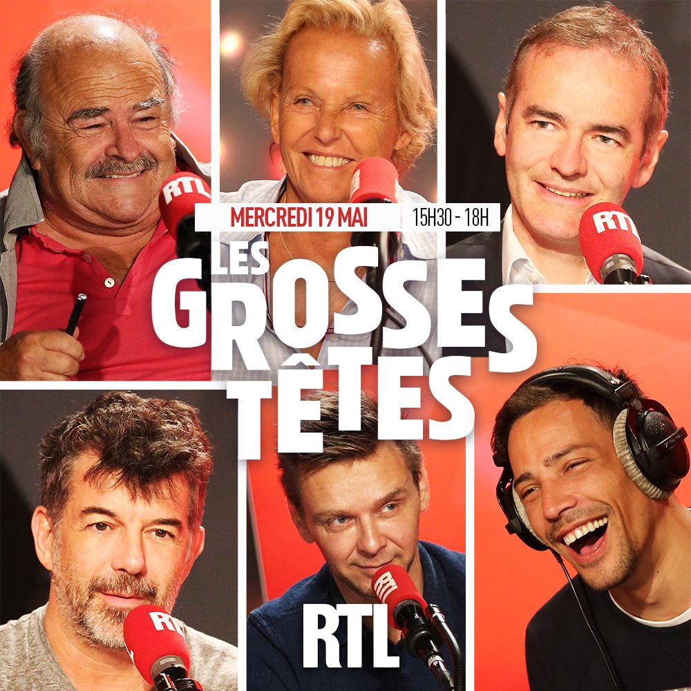 Les Grosses Têtes (@grossestetesrtl) on Twitter photo ✈📺🎭⚜🎙🏡 Bonjour à tous ! Découvrez #LesGrossesTêtes de ce mercredi #19Mai ❗❗ Autour de <a href="/ruquierofficiel/">Laurent Ruquier</a> aujourd'hui : #StéphanePlaza, <a href="/FranckFerrand/">Franck Ferrand</a>, <a href="/Ockrent/">Christine Ockrent</a>, @Jeanfi_Janssens, <a href="/JBenguigui/">jean benguigui</a> et <a href="/steevy_boulay/">Steevy Boulay</a> 😉🎙 Rendez-vous à 15h30 sur <a href="/RTLFrance/">RTL France</a> ! ⏰ ✈📺🎭⚜🎙🏡 Bonjour à tous ! Découvrez #LesGrossesTêtes de ce mercredi #19Mai ❗❗ Autour de <a href="/ruquierofficiel/">Laurent Ruquier</a> aujourd'hui : #StéphanePlaza, <a href="/FranckFerrand/">Franck Ferrand</a>, <a href="/Ockrent/">Christine Ockrent</a>, @Jeanfi_Janssens, <a href="/JBenguigui/">jean benguigui</a> et <a href="/steevy_boulay/">Steevy Boulay</a> 😉🎙 Rendez-vous à 15h30 sur <a href="/RTLFrance/">RTL France</a> ! ⏰