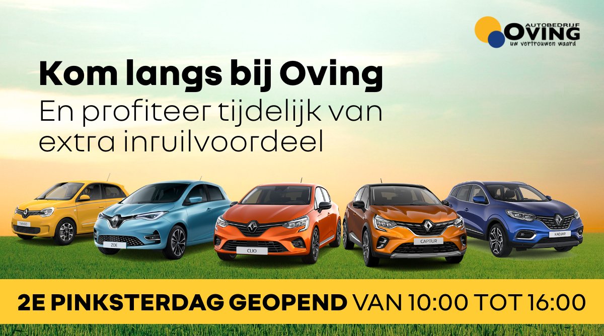Op 2e Pinksterdag zijn onze vestigingen geopend van 10:00 tot 16:00 😁

Kom langs en profiteer van extra inruilvoordeel! Benieuwd naar onze scherpe deals? Neem alvast een kijkje op oving.nl