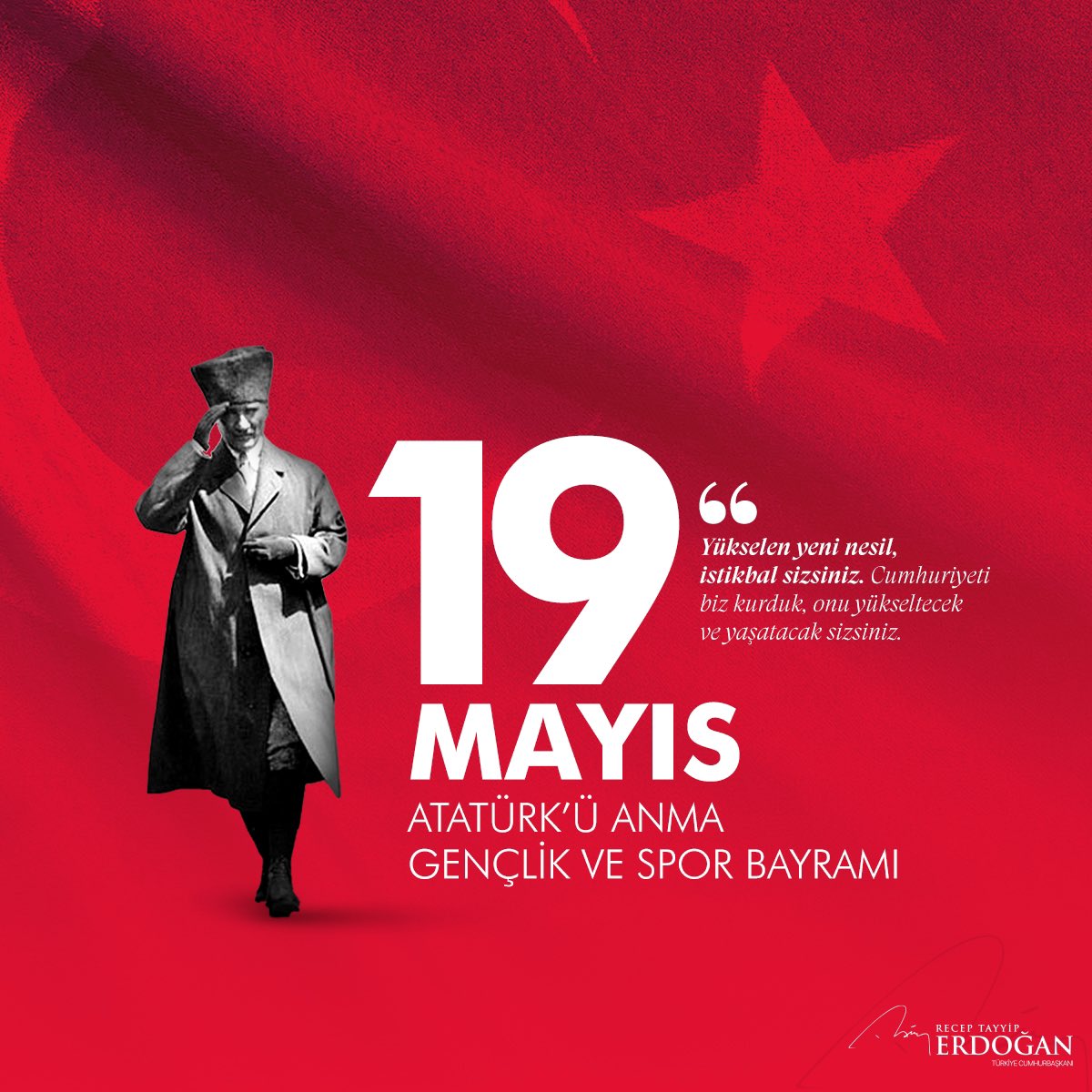 #19Mayıs1919'da Samsun'da yakılan İstiklâl meşalesiyle bugün de yolumuzu aydınlatmaya devam eden, başta Gazi Mustafa Kemal Atatürk ve silah arkadaşlarını rahmet ve şükranla yâd ediyorum.

19 Mayıs Atatürk’ü Anma, Gençlik ve Spor Bayramımız kutlu olsun...
