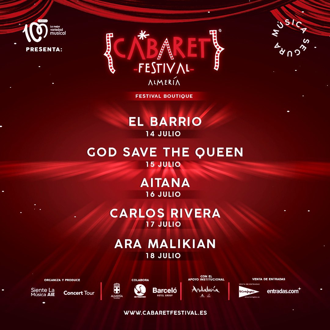 CONCERT_TOUR's tweet photo. ¡Cabaret Festival llega a Almería en el mes de julio con un cartel espectacular!
☄️ 💥
📆14 jul @elbarrioficial 
📆15 jul @DiosSalveOK 
📆16 jul @Aitanax 
📆17 jul @_CarlosRivera 
📆18 jul @AraMalikian 

🎟Entradas a la venta próximamente
@entradas 
@elcorteingles https://t.co/GkOF280WWJ