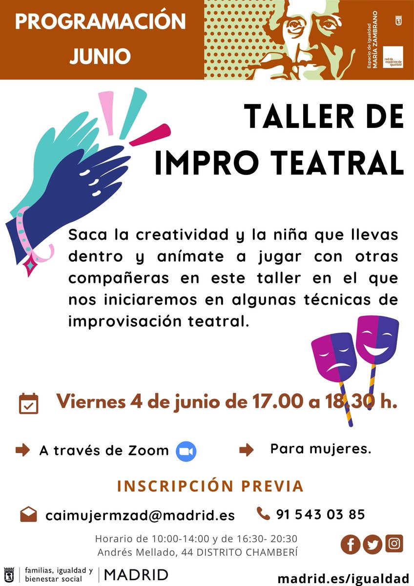 EIMariaZambrano's tweet photo. ¡TALLER JUNIO!🌞
Toda la programación tiene un FORMATO VIRTUAL a través de plataformas de videollamada Zoom, excepto algunas actividades señaladas que serán PRESENCIALES.
Inscripciones en 👉: ✉️caimujermzad@madrid.es o ☎️91 543 03 85
#EspaciodeIgualdad #MariaZambrano #ImproTeatro https://t.co/sie7xv6amD