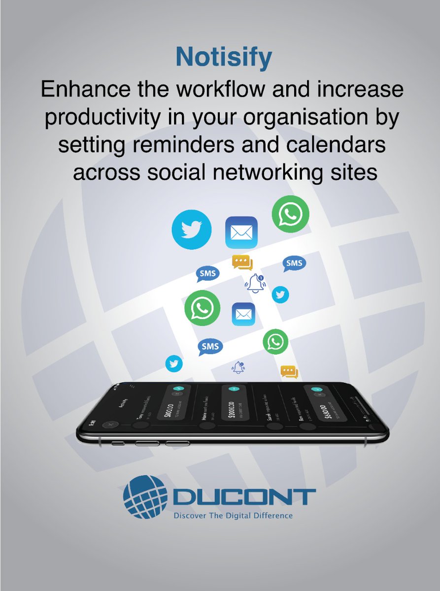 ducontsystems's tweet photo. Enhance the workflow and increase productivity in your organisation by setting reminders and calendars across social networking sites with Ducont Notisify. Contact now and set reminders in a snap!

https://t.co/ZQG9K94zXl

#mobilecommerce #mobiledevices #mobilebanking https://t.co/TbtONkx2qI