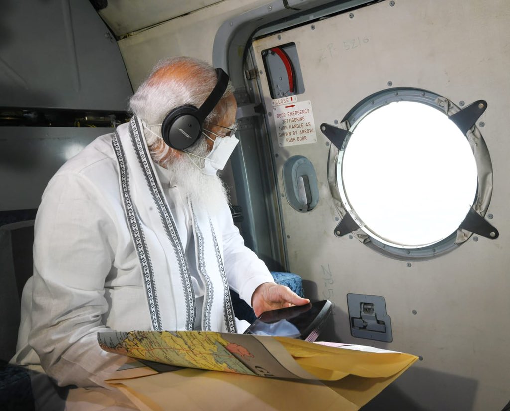 narendramodi's tweet image. Undertook an aerial survey over parts of Gujarat and Diu to assess the situation in the wake of Cyclone Tauktae. Central Government is working closely with all the states affected by the cyclone.