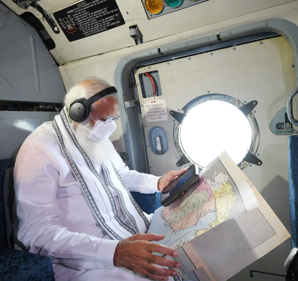 narendramodi's tweet image. Undertook an aerial survey over parts of Gujarat and Diu to assess the situation in the wake of Cyclone Tauktae. Central Government is working closely with all the states affected by the cyclone.
