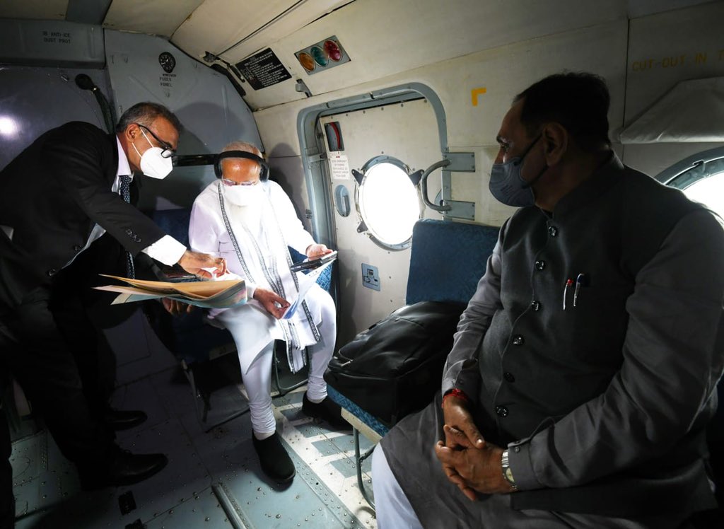 narendramodi's tweet image. Undertook an aerial survey over parts of Gujarat and Diu to assess the situation in the wake of Cyclone Tauktae. Central Government is working closely with all the states affected by the cyclone.