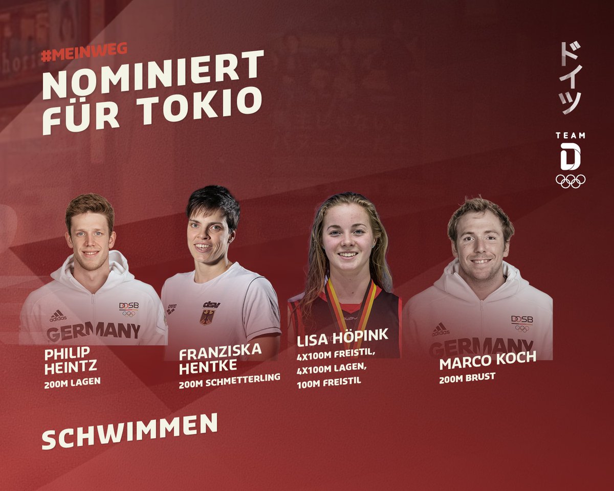 TeamD's tweet photo. #MeinWeg | #Nominierung | #Schwimmen

🖤❤️💛 Hier kommen die Schwimmer*innen, die für uns in Tokio an den Start gehen werden. 🏊‍♀️🏊‍♂️

🔥 Willkommen im #TeamDeutschland! Wir freuen uns auf euch!
______
#TeamD #RoadtoTokyo https://t.co/UGI7OAYeps