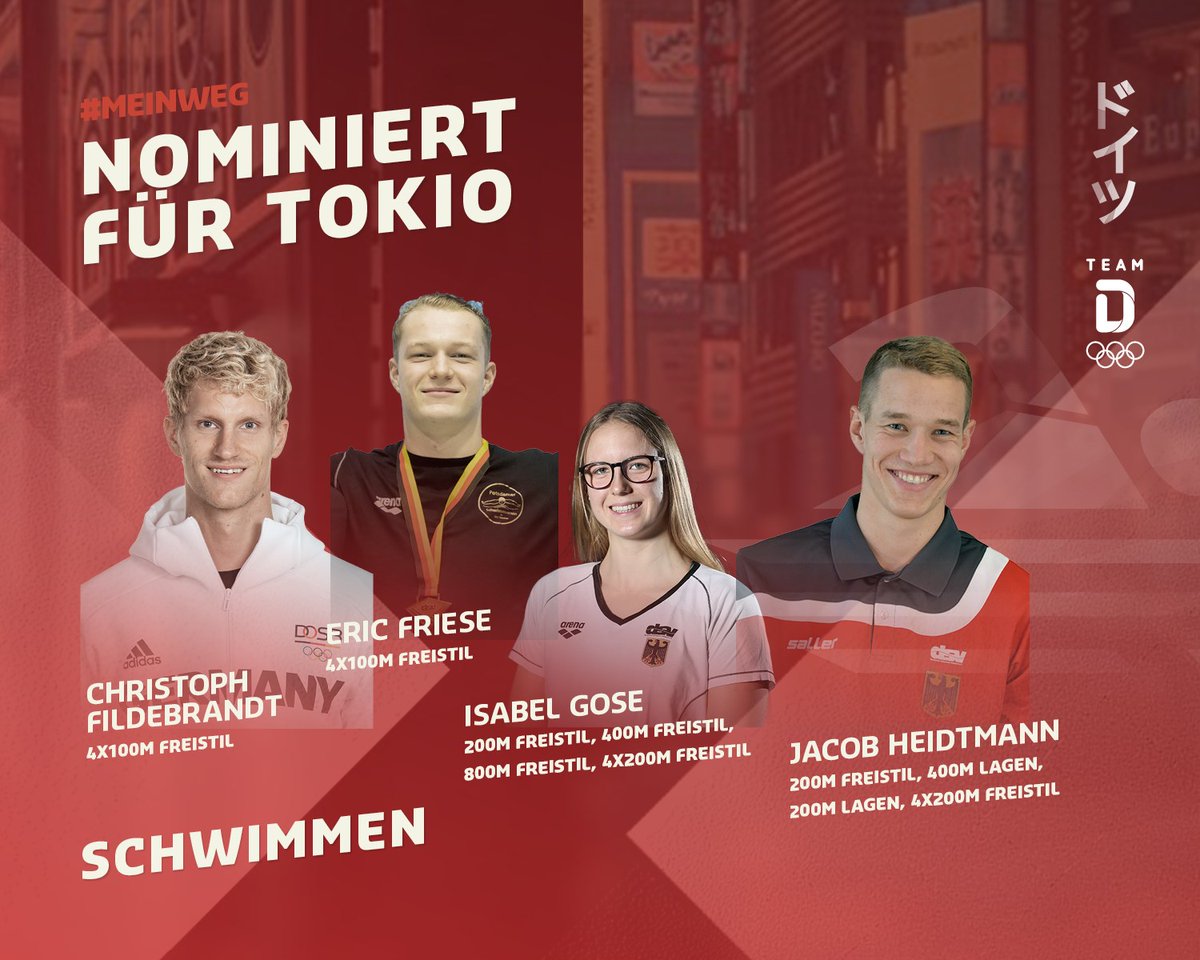 TeamD's tweet photo. #MeinWeg | #Nominierung | #Schwimmen

🖤❤️💛 Hier kommen die Schwimmer*innen, die für uns in Tokio an den Start gehen werden. 🏊‍♀️🏊‍♂️

🔥 Willkommen im #TeamDeutschland! Wir freuen uns auf euch!
______
#TeamD #RoadtoTokyo https://t.co/UGI7OAYeps