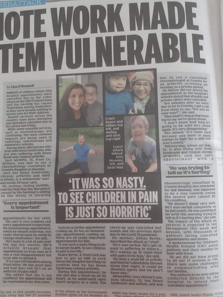Thank you @irishdailymail @lisao_donnell for highlighting the children who are so badly affected by the cyber attack on our health system @HSELive #PaediatricRheumatology @CHIatCrumlin @AnneRabbitte @rodericogorman @DonnellyStephen @roinnslainte #CareCantWait #CyberAttack