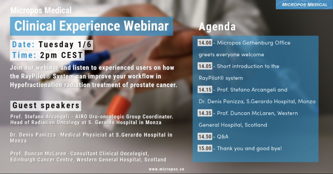 Join the Micropos webinar on the RayPilot System and learn how the RayPilot system can improve your workflow with hypo fractionated radiotherapy for prostate cancer. #sbrt #SABR #prostate #prostatecancer #qualityoflife #oncologist #rcrmembers #scormembers #radiographer #rcr