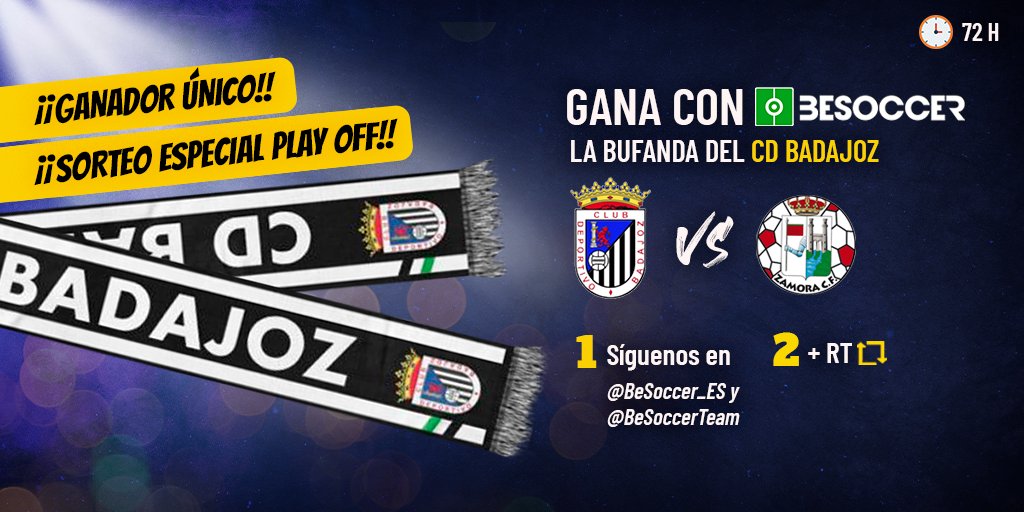 BeSoccerTeam's tweet photo. 🎁 NUEVO SORTEO 🎁

Gana la bufanda del @CDBadajoz para apoyarlos en su lucha por el ascenso a 2a división. 

Requisitos
➡️ Síguenos en @besoccer_ES y @BeSoccerTeam 

➡️RT a este tuit https://t.co/GnO7xGWmxm