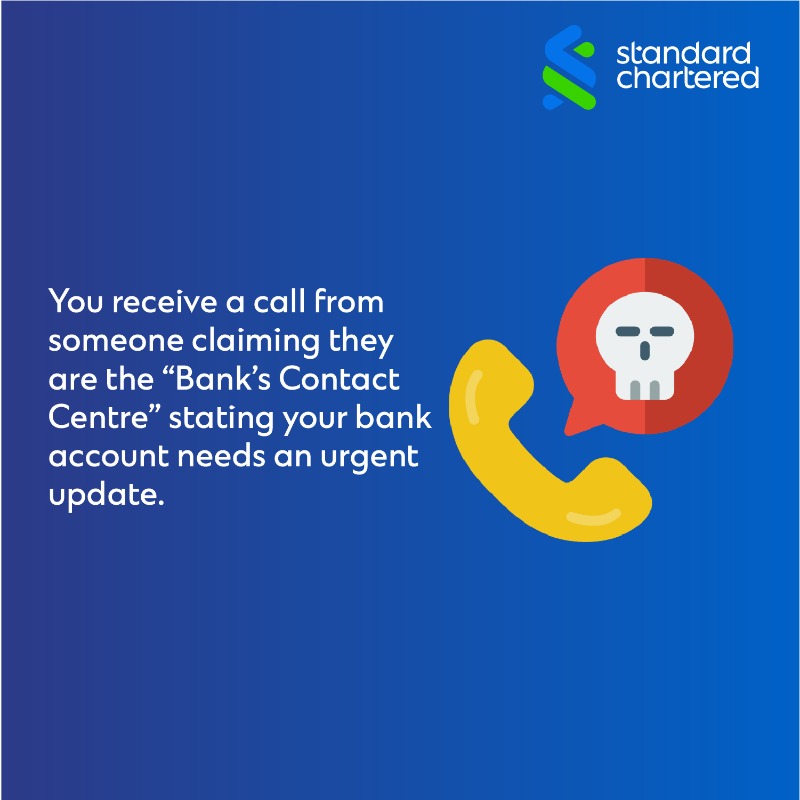 StanChartKE's tweet photo. Fraudsters pretend to be someone you trust. Be on the lookout for calls, emails or SMS messages asking you to share personal details such as your One Time Password or PIN. We will never call/email to ask for your personal details. Swipe to learn what you should watch out for.