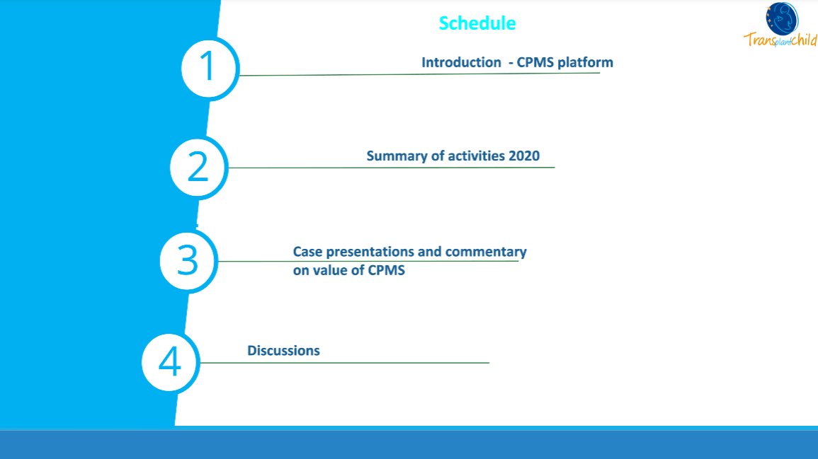 TransplantChild's tweet photo. It is time for the #CPMS session, chaired by Dr Alastair Baker from King's College Hospital London. We will go through a summary of the CPMS activities, followed by a live clinical cases discussion https://t.co/HZQpOQfU7n