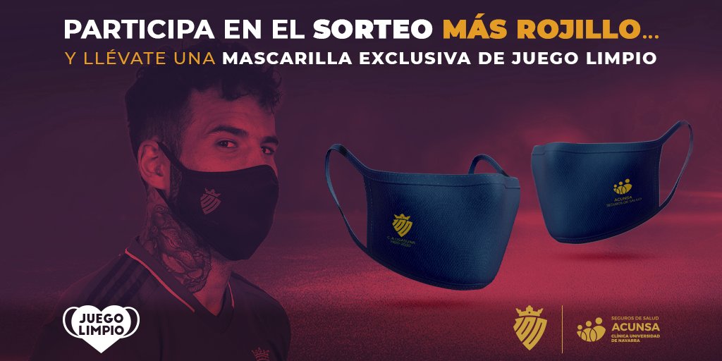 ACUNSA's tweet photo. El sorteo más rojillo #conACUNSA regala 10 MASCARILLAS de #JuegoLimpio.
Síguenos en FB, TW y/o IG. ¡Cuántas + redes, + opciones!
Haz RT y escribe tu talla por si resultas ganador: #MascarillaM o #MascarillaL
Hasta 23/05
Bases https://t.co/VS6AlH9H5r
#YoJuegoLimpio #Osasuna https://t.co/1JKmeDUeN1