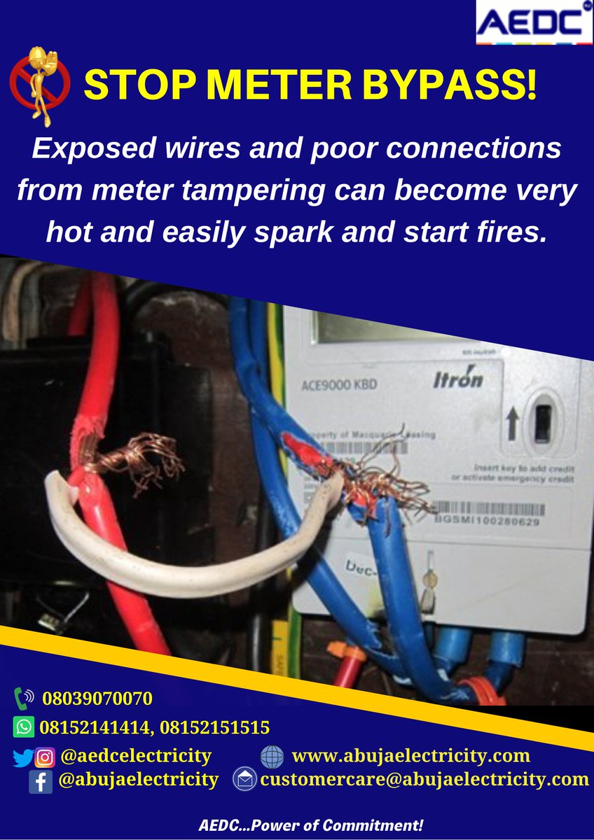 aedcelectricity's tweet photo. Meter tampering can compromise the entire safety of the building, putting all occupants lives at risk.
If you suspect energy theft around you, please report to us anonymously through our contact channels.
#AEDC #Abujadisco #PowerofCommitment
#MeterBypass https://t.co/I8vpSQlaxv