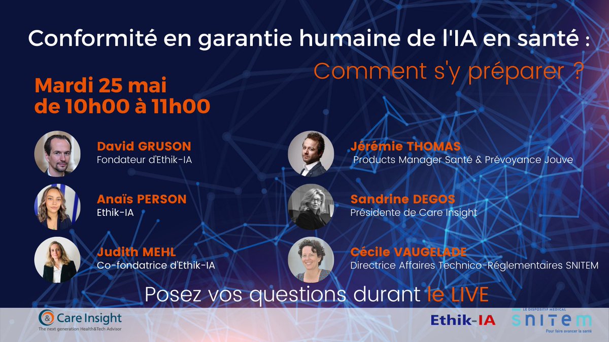#HealthTech 🗓️SAVE THE DATE « Conformité en GARANTIE HUMAINE de l’#IA en santé : Comment s’y préparer ? »💡RDV le 25/05 à 10h avec <a href="/EthikIA2018/">Ethik-IA</a> <a href="/Care_Insight/">Care Insight</a> <a href="/GrusonDavid/">David Gruson</a> <a href="/judithmehl27/">Judith Mehl</a> <a href="/anais_person/">Anaïs</a> <a href="/DegosSandrine/">Sandrine  Degos</a> 
Inscription👉cutt.ly/Tb0UEpC
👇
cutt.ly/1b0Ub5r