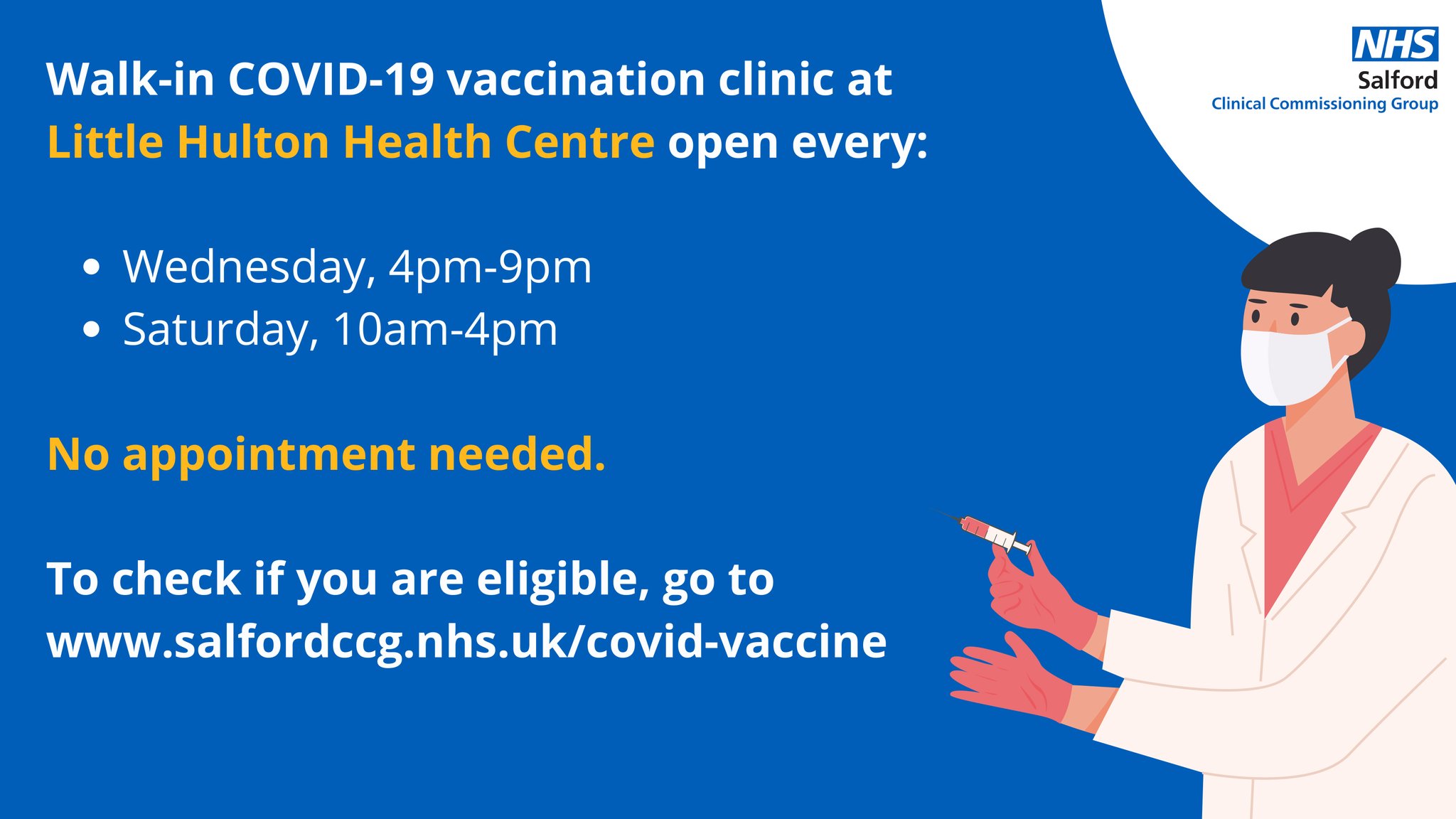 NHS Salford CCG on Twitter "WALK IN VACCINE CLINIC OPEN TODAY First